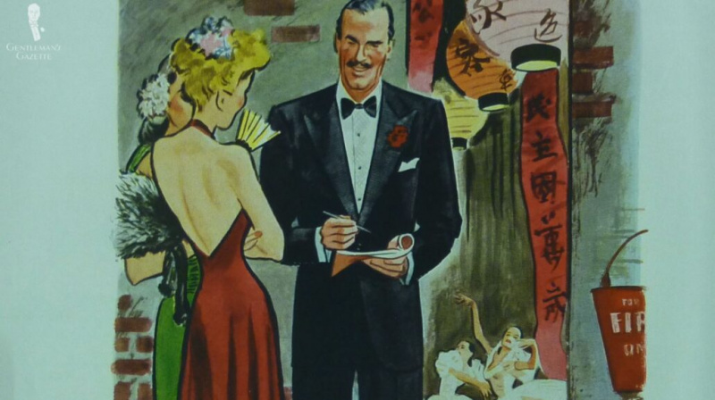 Uma ilustração de um cavalheiro na década de 1930 em um traje Black Tie