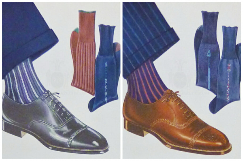 Ilustração de moda vintage mostrando meias com listras de sombra e padrões de relógio.