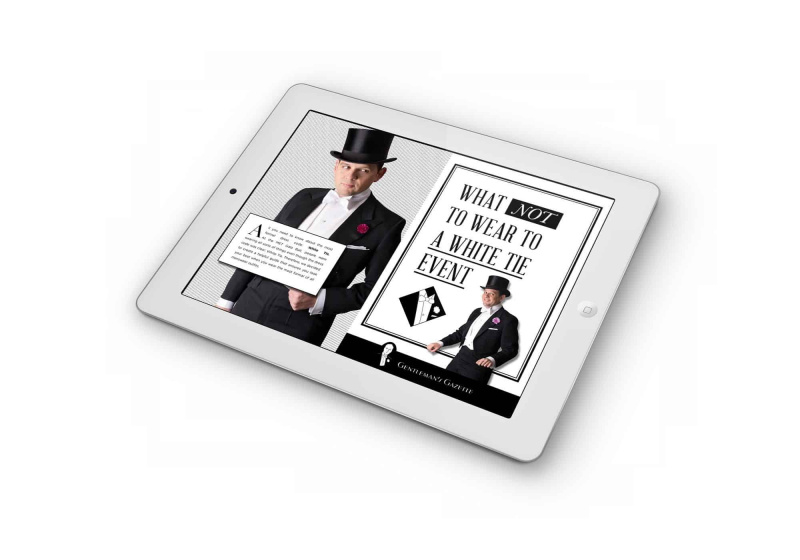 Een foto van een tablet waarop het e-boek met de white tie-gids wordt weergegeven