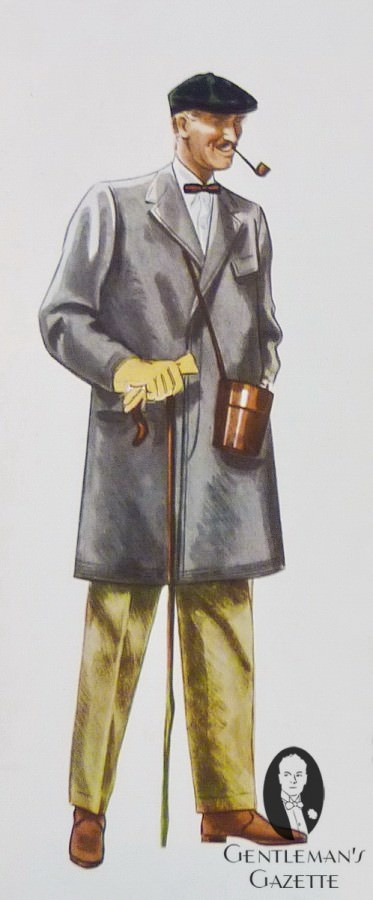 Manteau gris avec pantalon en coutil de coton kaki, bottes en daim, casquette universitaire en tweed vert, chemise en flanelle, nœud papillon à rayures horizontales et gants et pipe en chamois jaune non doublés