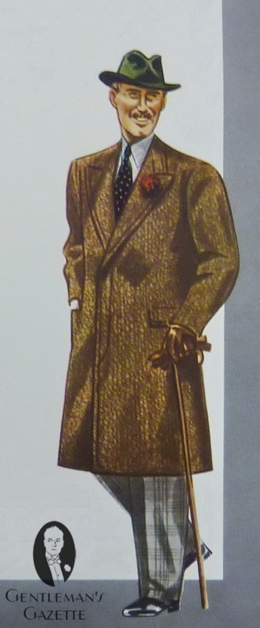 Jednořadý přední tvídový svrchní kabát s klopami, červený karafiát, košile s límečkem Madras, kravata, lehký klobouk, károvaný oblek, černé boty