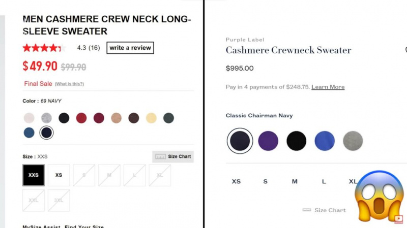 Diferença de preço entre 2 marcas para o mesmo suéter de gola careca de caxemira da marinha