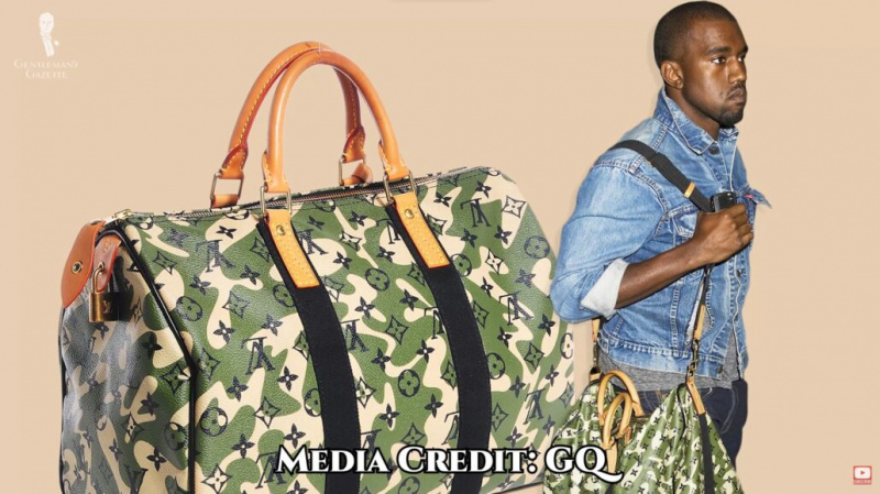 Kanye West carregando uma mochila LV.
