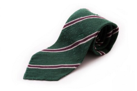 Šantungo dryžuotas žalias, violetinis ir kreminis šilko kaklaraištis