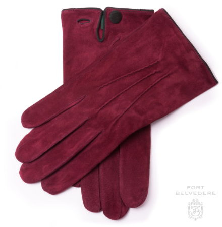 Vínově červené semišové kožené pánské rukavice bez podšívky s knoflíkem