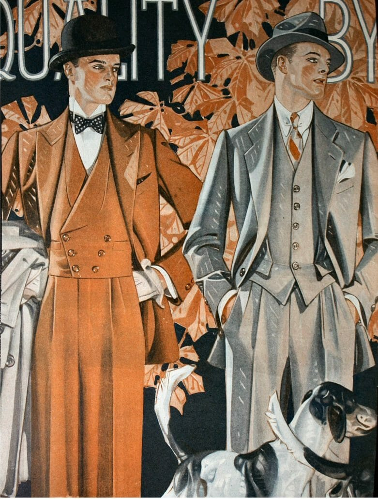 Vintage ilustrace obleků s dvojitým záhybem od Kuppenheimera, prodejce pánského oblečení se sídlem v Chicagu, fotografoval John Blah.