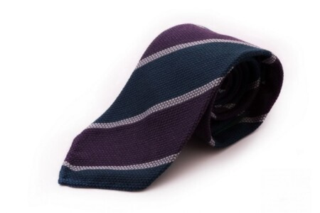Kašmírová vlněná grenadinová kravata ve fialové, petrolejově modré, světle šedý proužek - Fort Belvedere