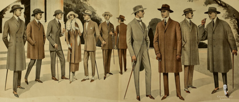 Módní ilustrace různých mužů v oblečení z počátku 20. let