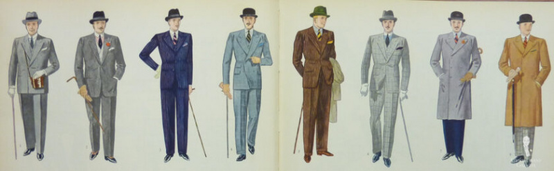 Módní ilustrace z počátku 20. století zobrazující osm mužů v různých typech šatů z 30. let 20. století s mnoha barvami a vzory.