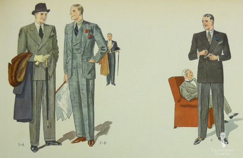 ファッションのイラストには、3 人の男性が描かれており、そのうちの 2 人はダブルブレストのスーツを着ており、1 人はダブルブレストのチョッキを着ています。