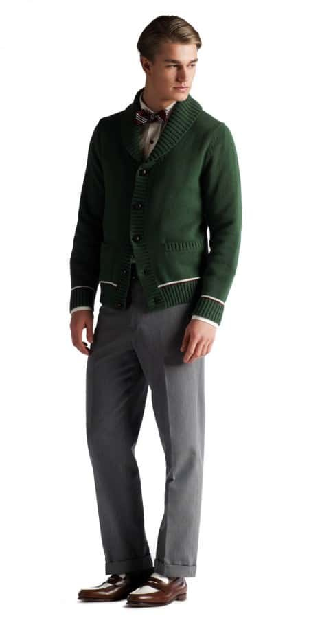 Cardigan vert à col châle et boutons en cuir Collection Brooks Brothers Gatsby