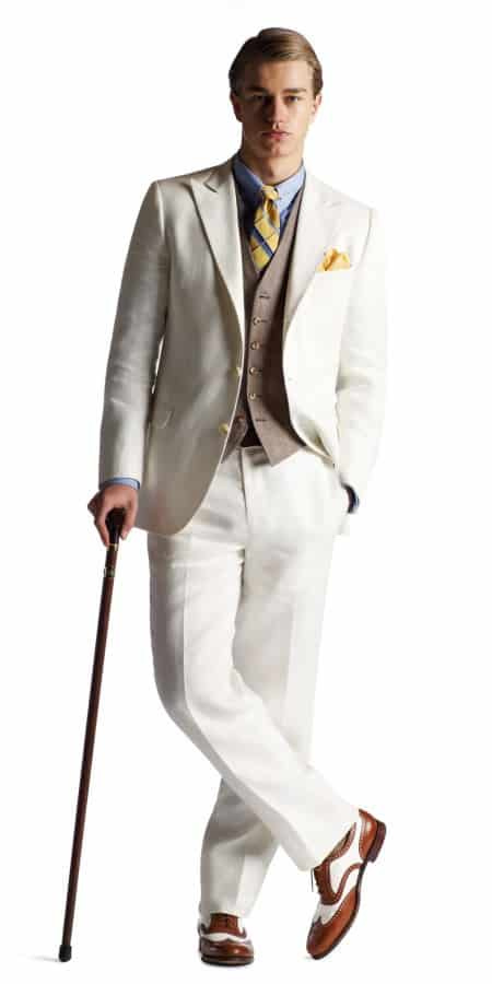 Collection Gatsby Costume droit blanc à chevrons avec revers en pointe