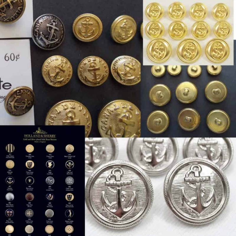 Botões do blazer em ouro, prata, dourado ou esmalte com escudos, âncora e heráldica