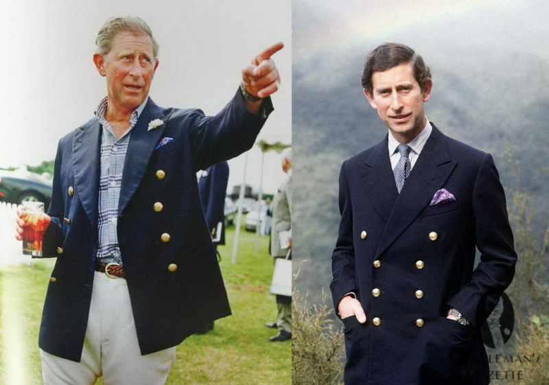 Um raro momento de sprezzatura real britânica. Príncipe Charles com um blazer trespassado aberto (e um copo de Pimm