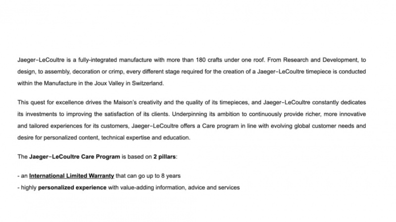 Une section du site JLC indiquant où les montres Reverso sont fabriquées.