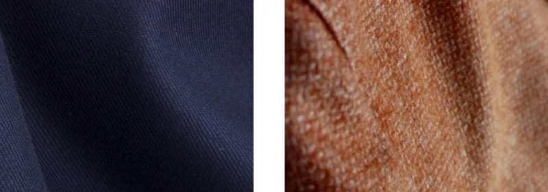 O tecido esquerdo mostra uma lã penteada formal Super 150s, enquanto o direito mostra uma trama proeminente em um casaco esportivo casual.