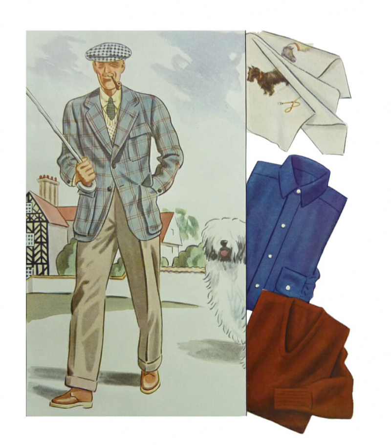 Módní ilustrace z roku 1933 ukazuje zvláštní kombinaci bundy v kombinaci s botami Chukka