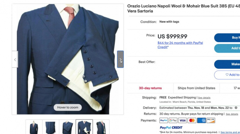Námořnicky modrý oblek Orazio Luciano La Vera Sartoria Napoletana prodávaný na eBay za nižší cenu.
