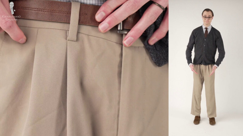 Look général de Preston - une paire de pantalons plissés, un cardigan avec des tons de bleu et de gris brunâtre sur un motif micro quadrillé de bleu clair et de noir sur fond blanc.