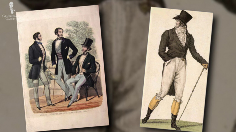 Ennen Regency Eraa tasaetuiset housut (vasemmalla) ja ratsastushousut (oikealla) olivat yleisimpiä.