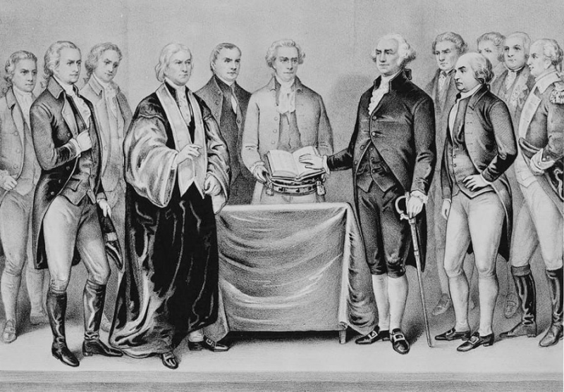 George Washington v ranních šatech na první inauguraci v NYC 30. dubna 1789