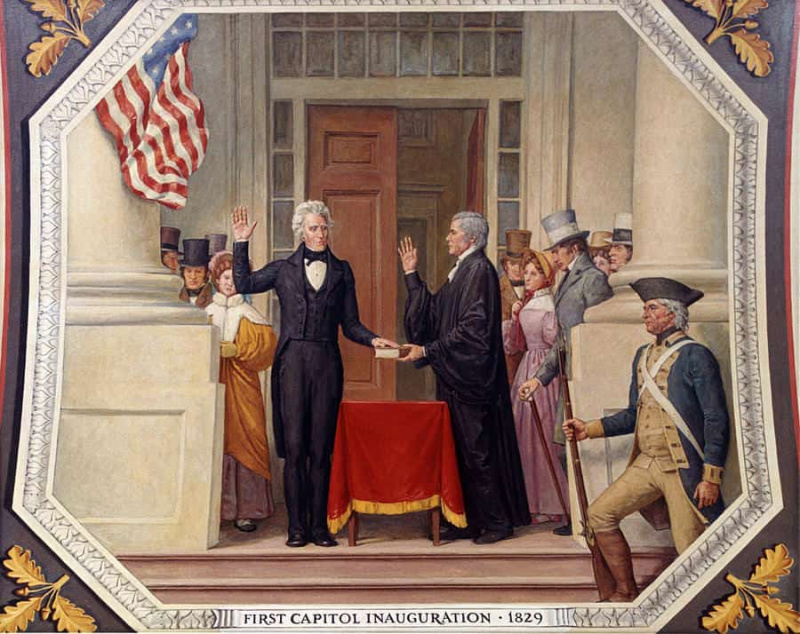 Andrew Jackson na první inauguraci hlavního města v roce 1829 s frakem, vysoce střiženou vestou a černým motýlkem