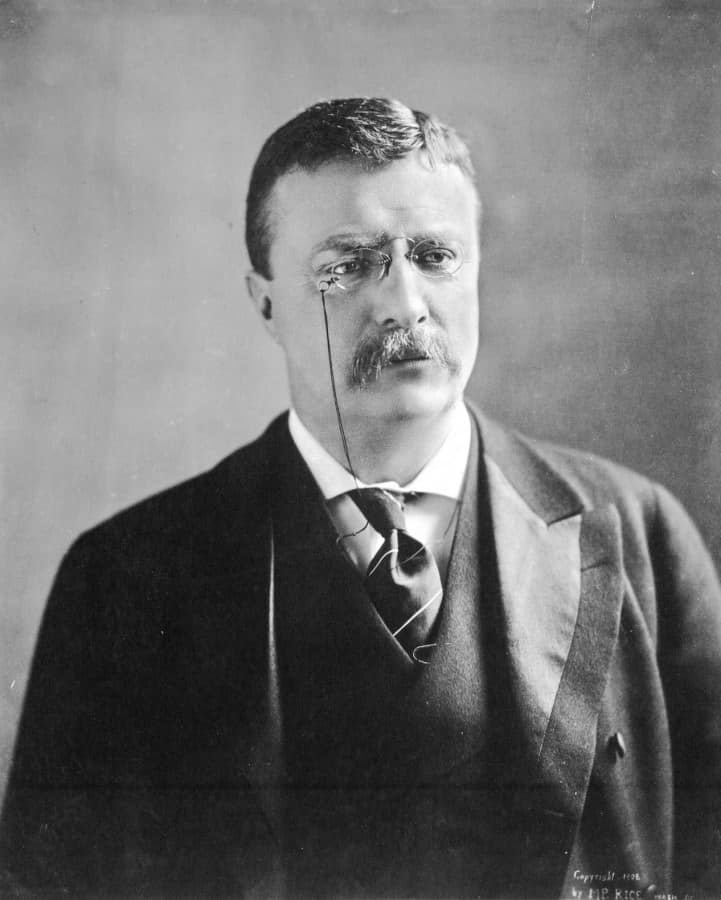 Theodore Roosevelt v županu s pruhovanou kravatou a límečkem při přísahě úřadu, 14. září 1901
