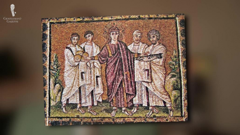 Een illustratie van een Romeinse keizer en zijn onderdanen.