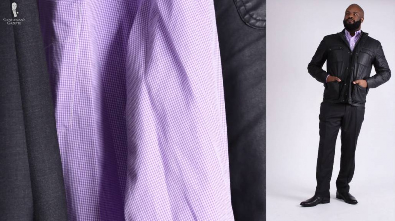 Jaqueta de algodão encerado, camisa estampada e calça cinza para um visual elevado e profissional.