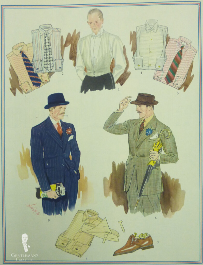 Kuva kolmesta 30-luvun asusta pukeutuneesta miehestä, joita ympäröivät vanhat mekkopaidat