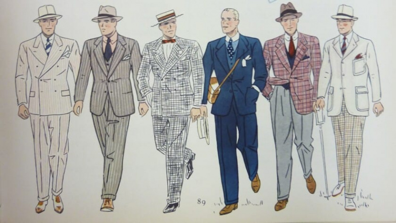 Seis homens em ternos coloridos da década de 1930