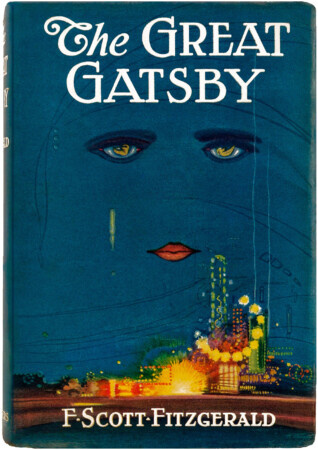 Capa do livro The Great Gatsby com o rosto de uma mulher chorando olhando para Coney Island