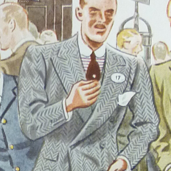 Muž v obleku z 30. let 20. století na košili s vodorovným pruhem