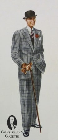 Šedý saský tvídový oblek na jeden knoflík s modrým přehozem s klopou a černými botami a buřinkou, svetrová vesta, šedá winchesterová košile, pruhovaná kravata, červená karafiátová boutonniere a hnědé rukavice