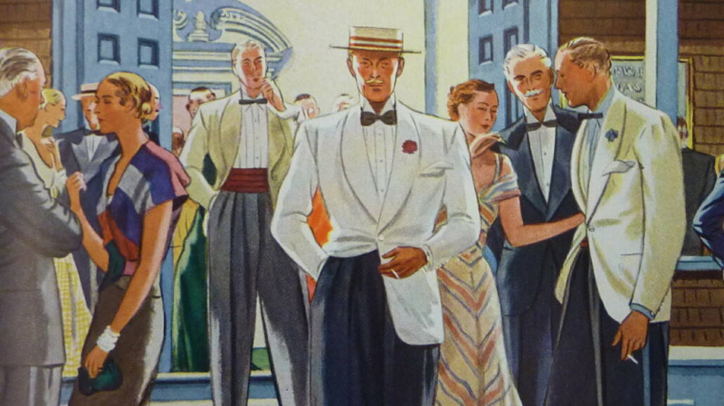 Ilustração de cavalheiro da década de 1930 com vários smokings