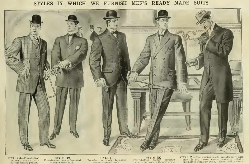 Une variété de costumes de sac, offerts dans un catalogue Sears de 1906.