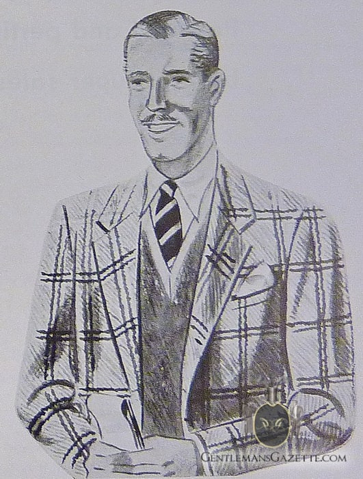 Спортска јакна од твида са двоструким прозорским стаклом, једнобојни џемпер и пругаста кравата