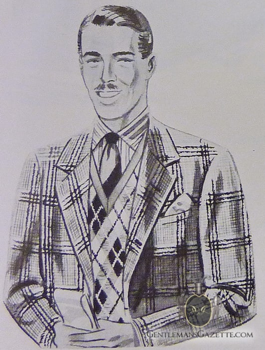Ilustrace průměrně oblečené velké kostkované tvídové bundy Glen Urquhart, svetru se vzorem Argyle a pruhované kravaty