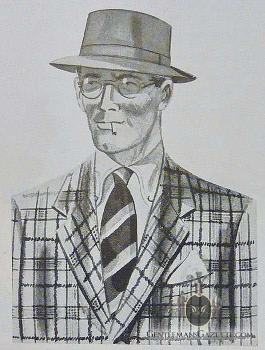 Ilustrace muže, který nosí vepřový koláčový klobouk, odvážný pléd, pruhovanou kravatu, košili s límečkem