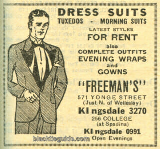 Reklama na pronájem společenských oděvů z telefonního seznamu Toronta z roku 1937.