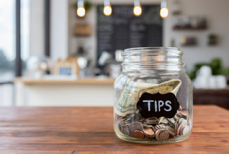 Tip Jar avec des pièces et des dollars