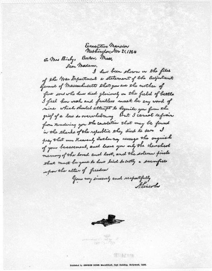 Lettre manuscrite de condoléances du président Abraham Lincoln