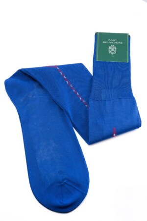 Blauwe sokken met rode en witte klokken van katoen