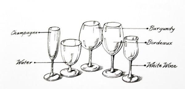 Tvary různých skleniček, které mohou nebo nemusí být použity na neformální večeři.