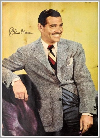 Clark Gable em 1941 com casaco esportivo de sarja diagonal cinza com bolsos de aplicação