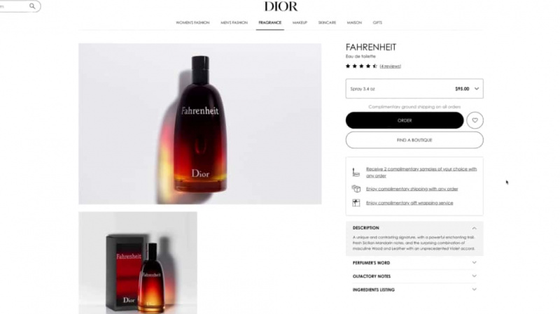 Dior Fahrenheit atualmente é vendido por US $ 95 por 4 onças.