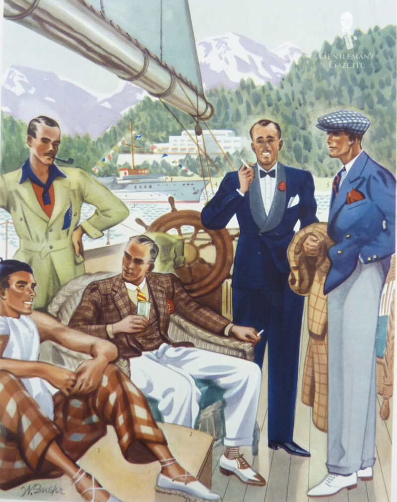 Cinco homens em trajes de verão de várias formalidades com diferentes tipos de sapatos clássicos de verão