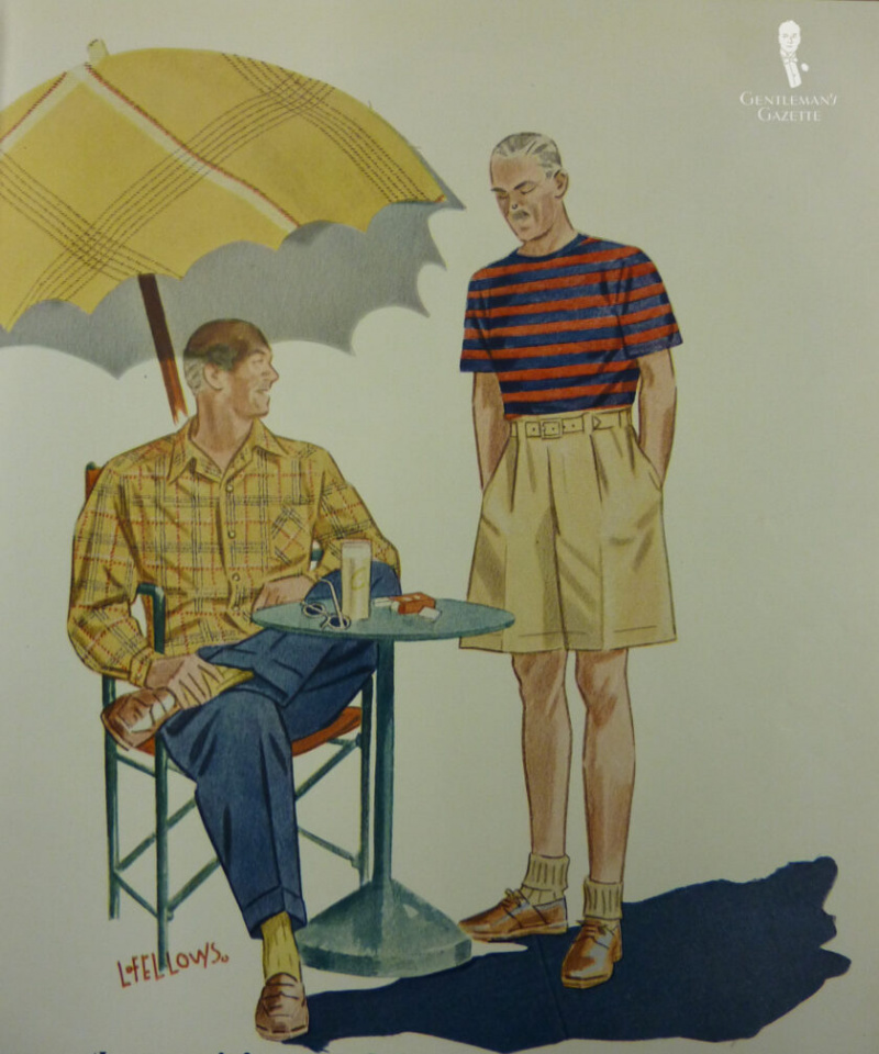 Винтаге модна илустрација која приказује два мушкарца који носе класичне летње ципеле типичне за 1930-те