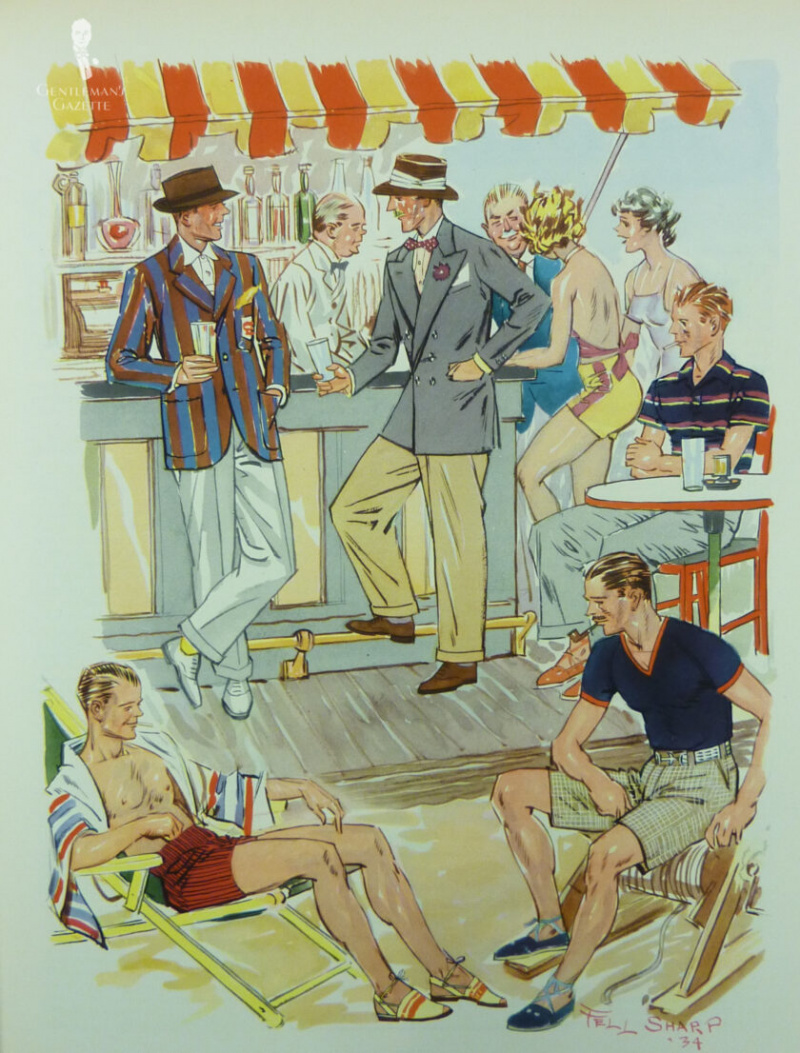 Uma ilustração de moda da década de 1930 mostrando uma praia com pessoas vestindo roupas de verão mais formais e informais.