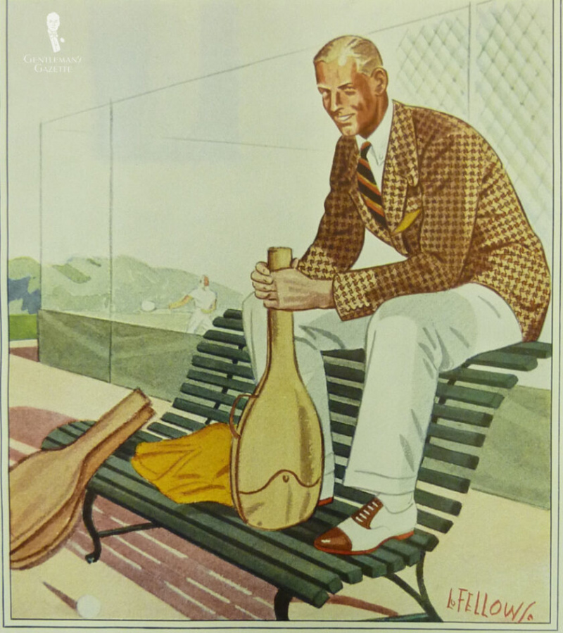 Uma ilustração de moda de meados da década de 1930 de um homem em dólares de dois tons